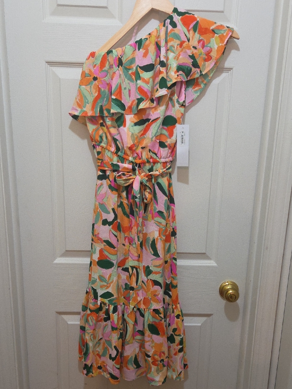 London Times One-Shoulder Floral Dress in Pink, Green, Orange